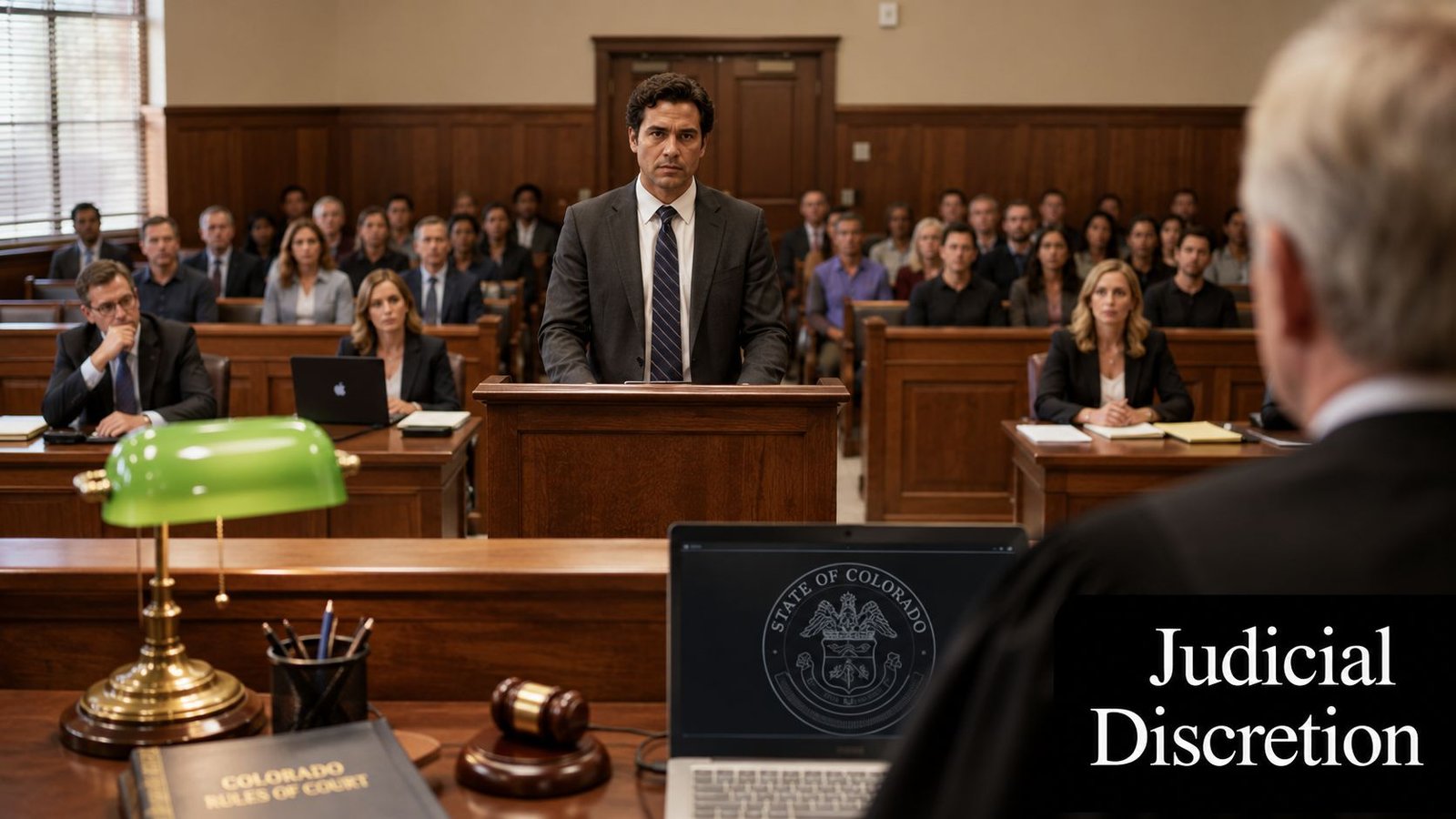 A courtroom scene showing a lawyer standing at a podium before a judge in Colorado