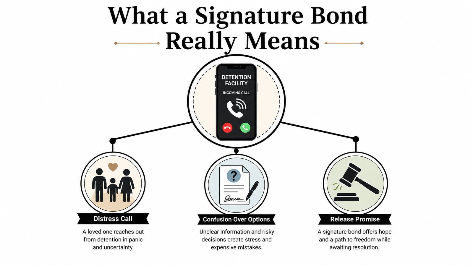 An infographic explaining a signature bond through a distress call, legal confusion, and the promise of release.