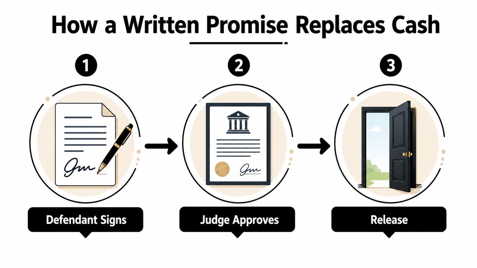 An infographic illustrating the three-step process of how a signature bond replaces cash for a defendant's release.