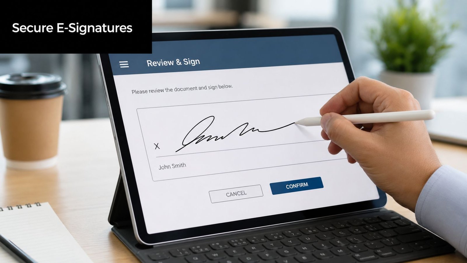 A person signing a document on a digital tablet with a stylus in an office setting.