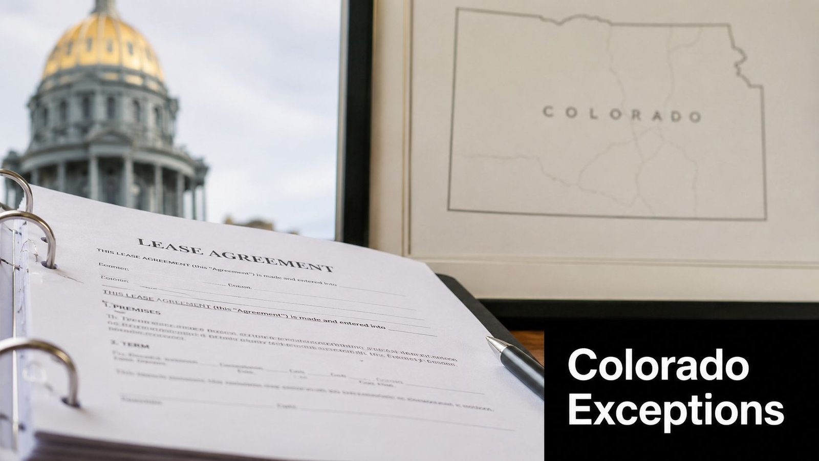 A lease agreement document rests on a desk with a framed Colorado map and capitol building background.