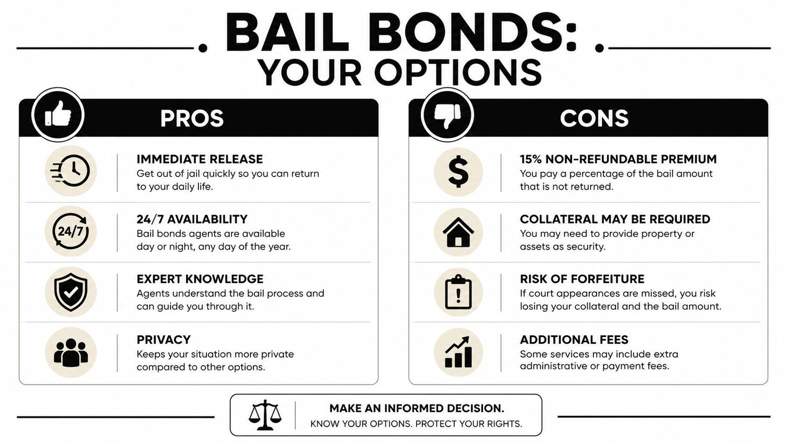 A black and white infographic detailing the pros and cons of using bail bond services for release.