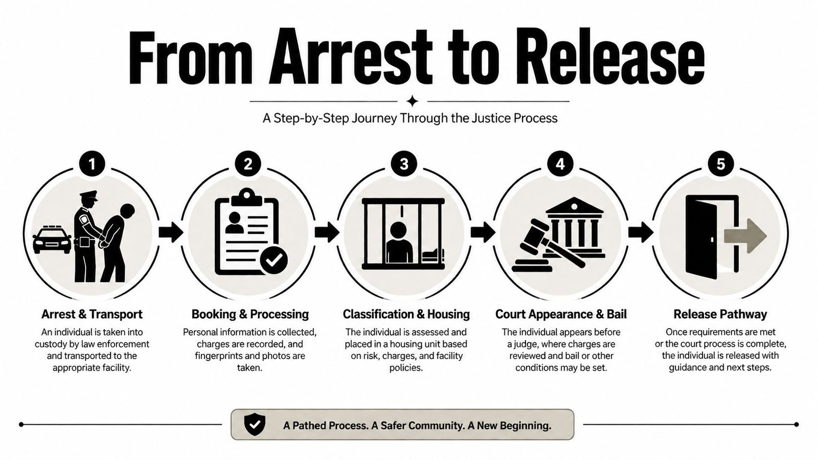 A diagram illustrating the five stages of the justice system process from initial arrest to final release.
