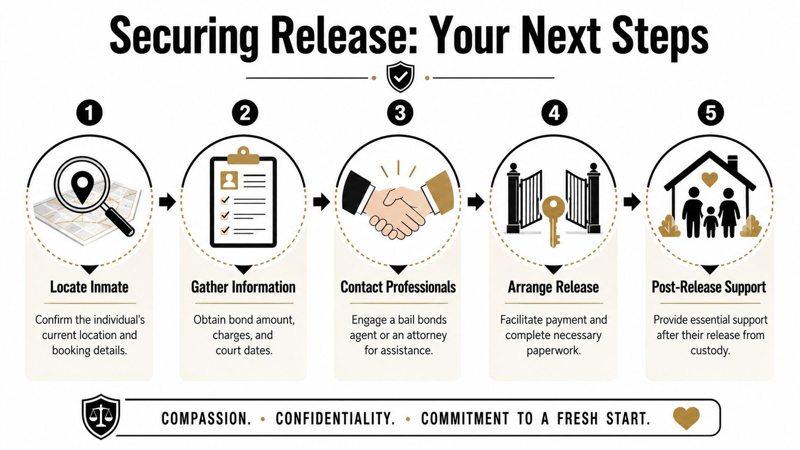 A five-step infographic showing the process of securing an individual's release from jail through professional assistance.