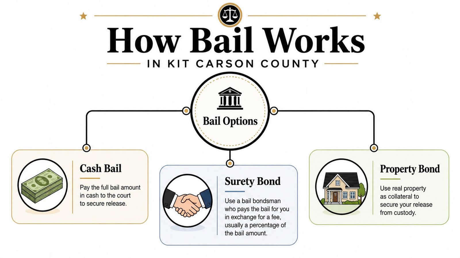 An infographic titled How Bail Works in Kit Carson County explaining three types of bail options.