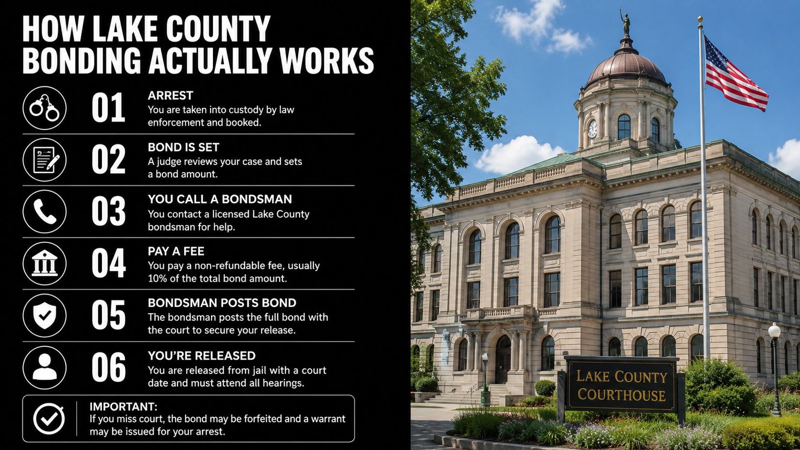 A visual guide explaining the six-step process for bail bonding in Lake County near the courthouse.