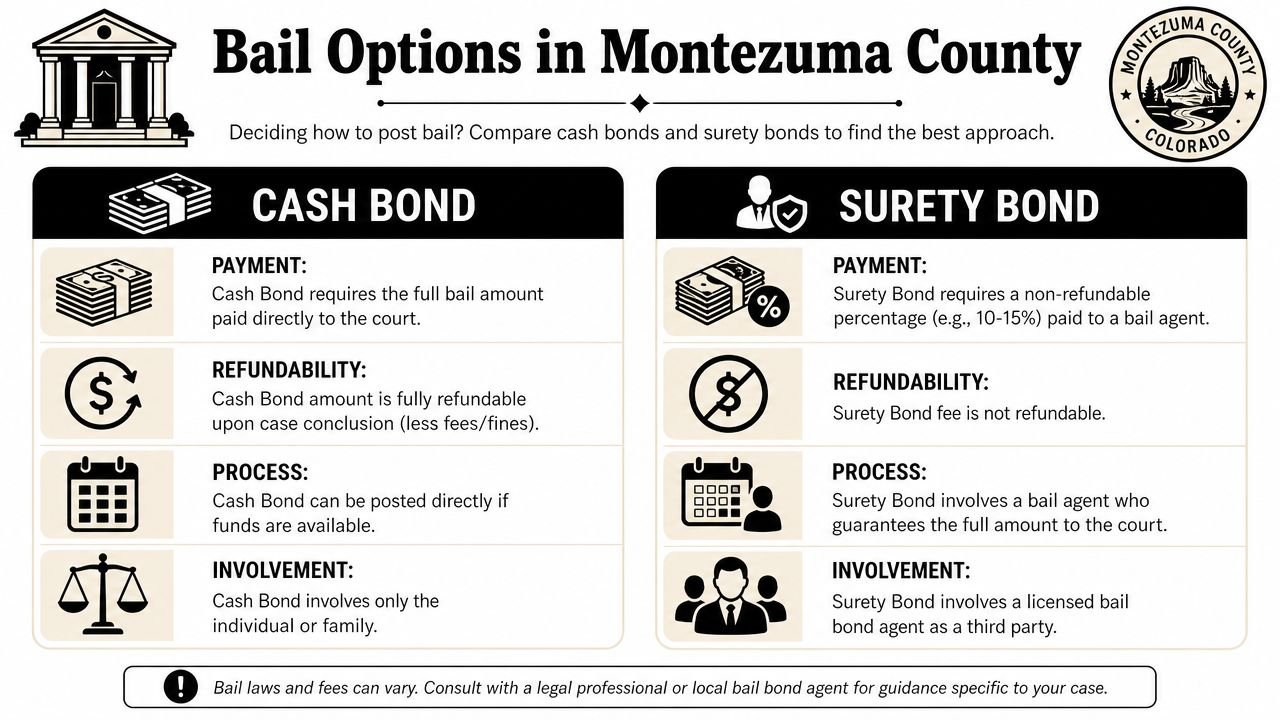An infographic comparing cash bonds and surety bonds for bail options in Montezuma County, Colorado.