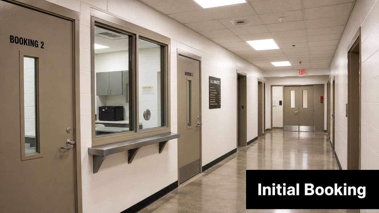 A long, sterile hallway in the Montezuma County jail featuring several gray steel booking room doors.