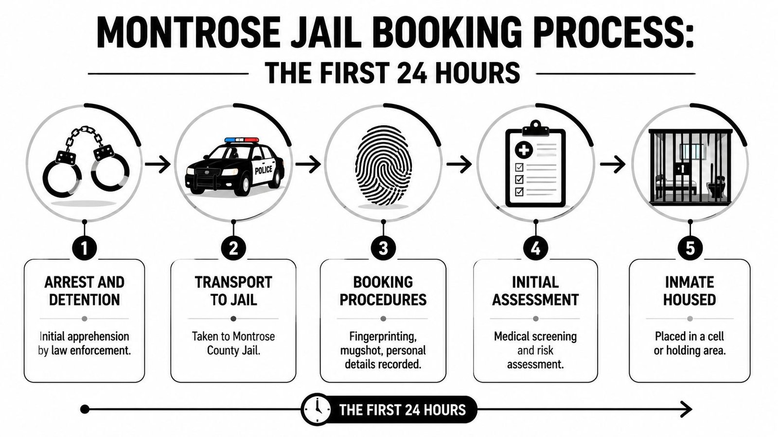 A flow chart illustrating the five steps of the Montrose County Jail booking process for new inmates.