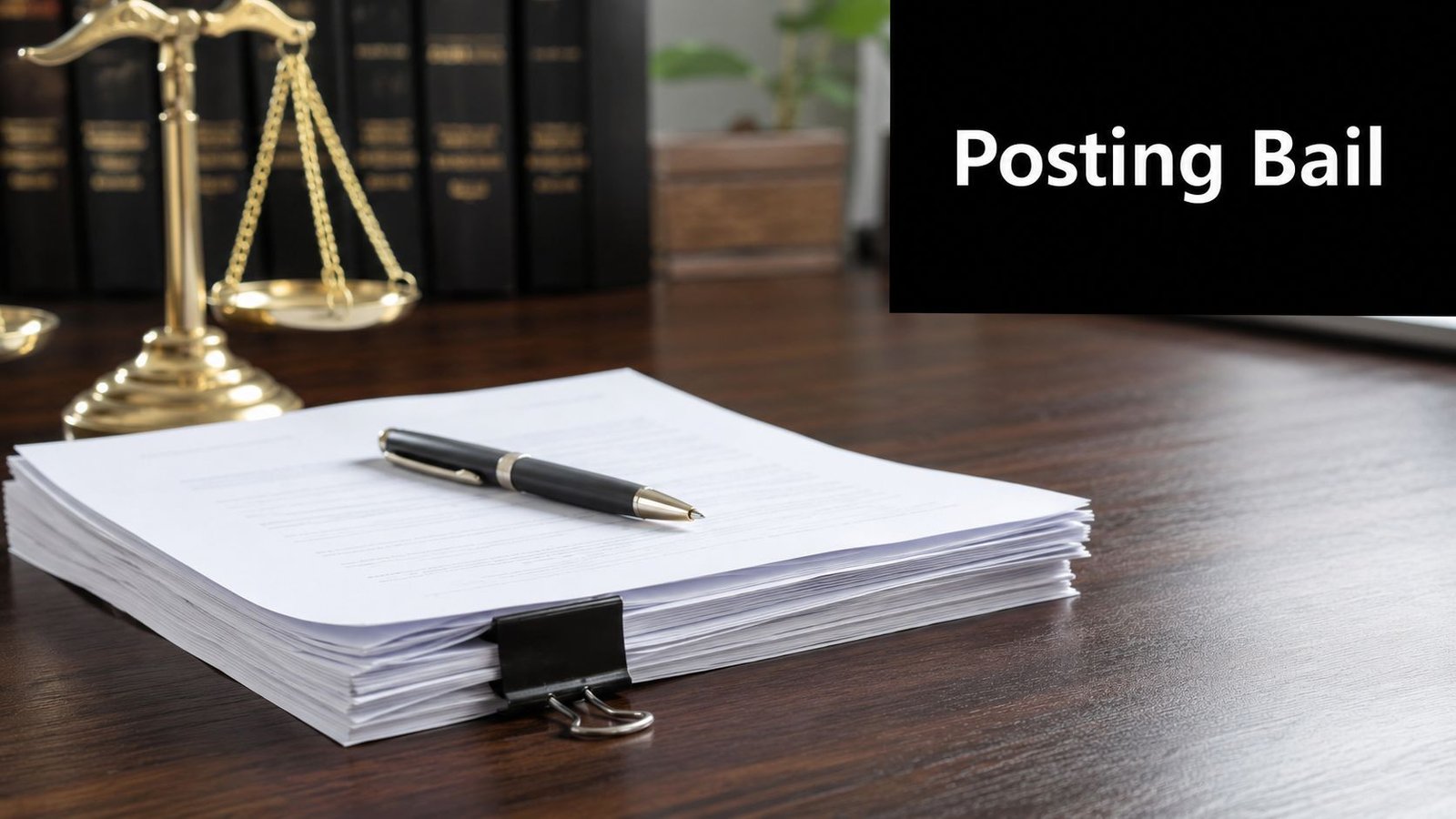 A legal scale and a stack of important legal documents with a pen on a desk.