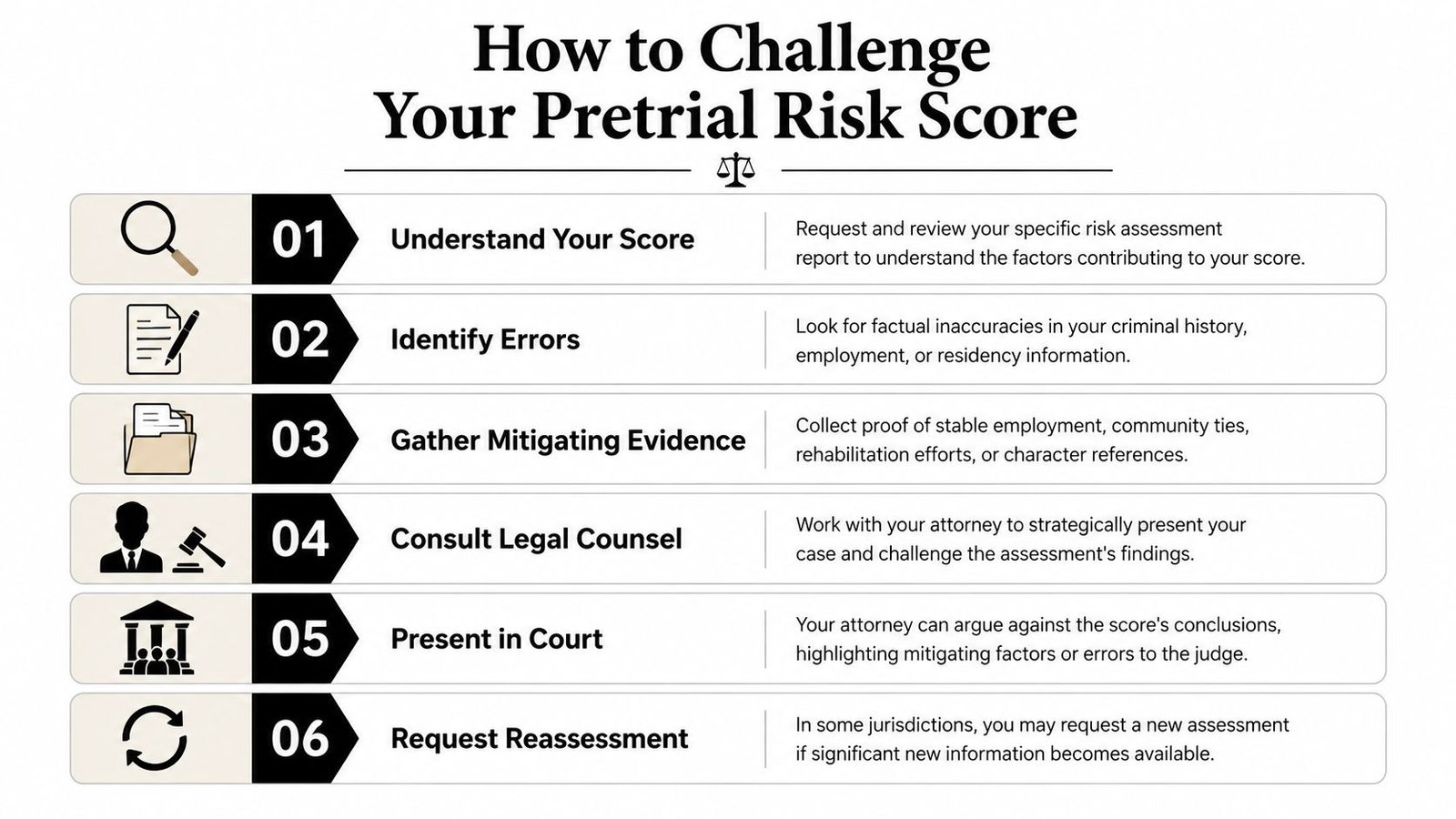 A six-step infographic guide on how to challenge a pretrial risk score in a legal setting.