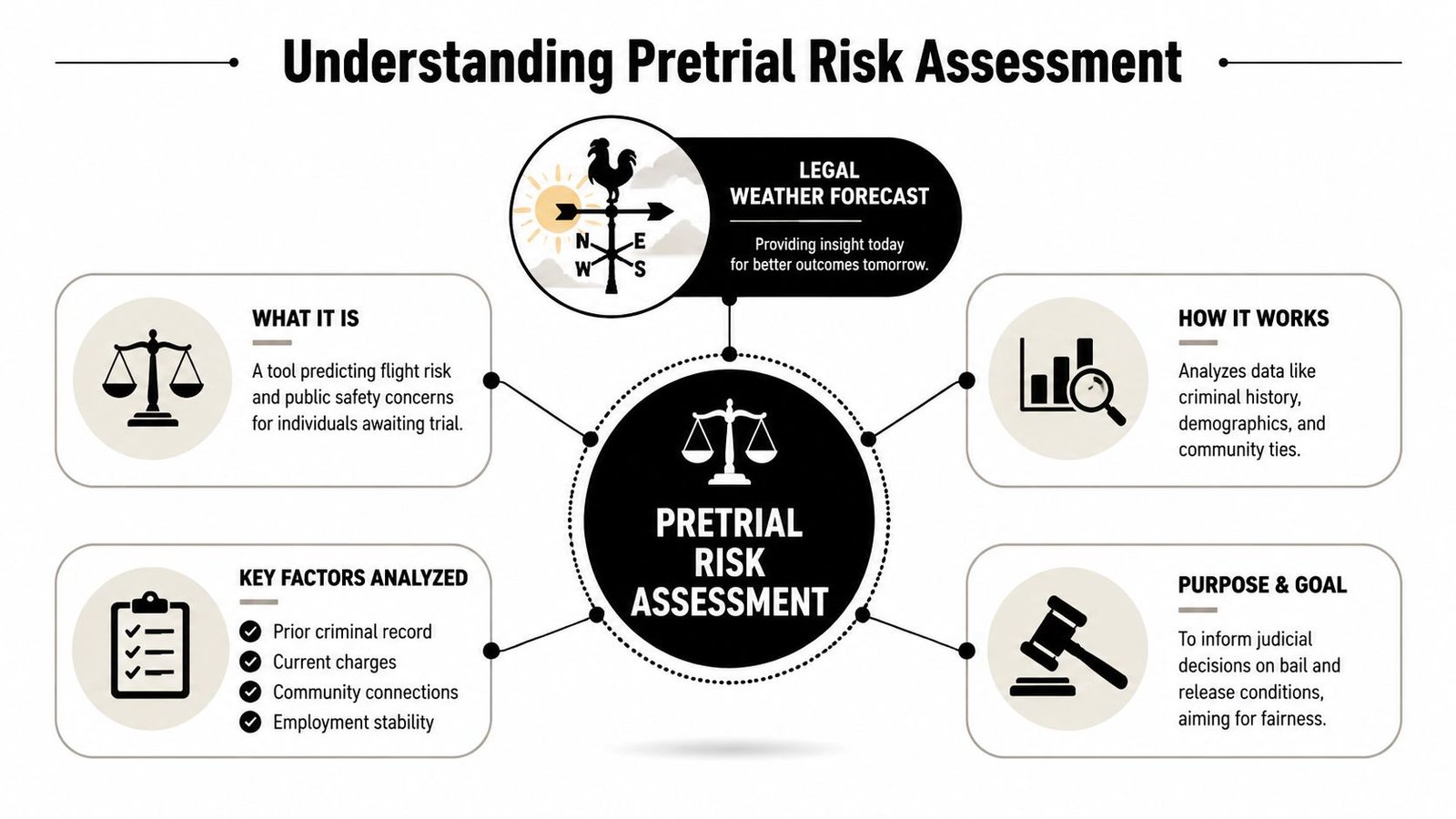 An infographic titled Understanding Pretrial Risk Assessment detailing its definition, functions, key analytical factors, and judicial goals.