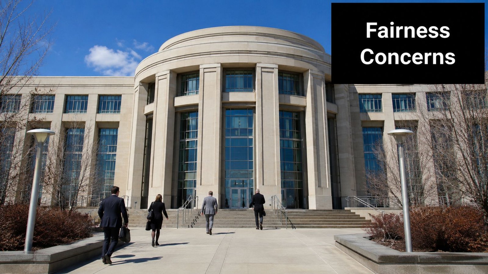 Professionals in business attire walking towards the entrance of a large, modern government building during the day.