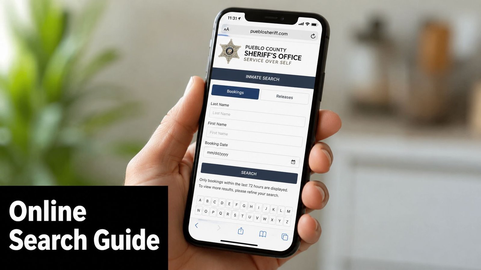 A hand holding a smartphone showing the Pueblo County Sheriff's Office inmate search website interface.