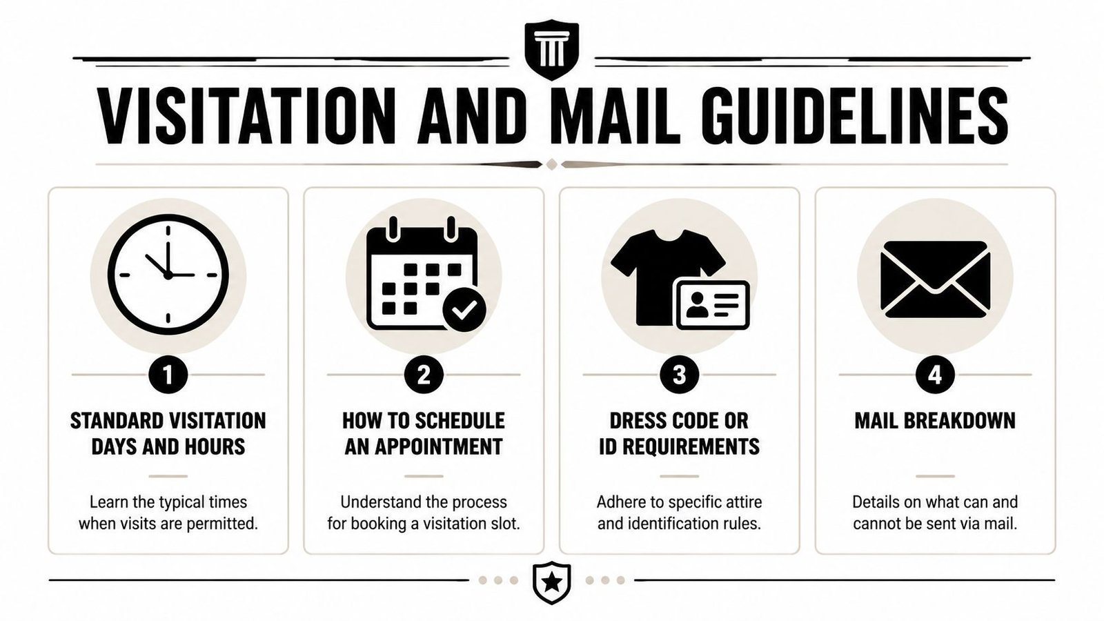 A guide infographic for Pueblo County Jail detailing visitation schedules, appointment booking, dress codes, and mail policies.