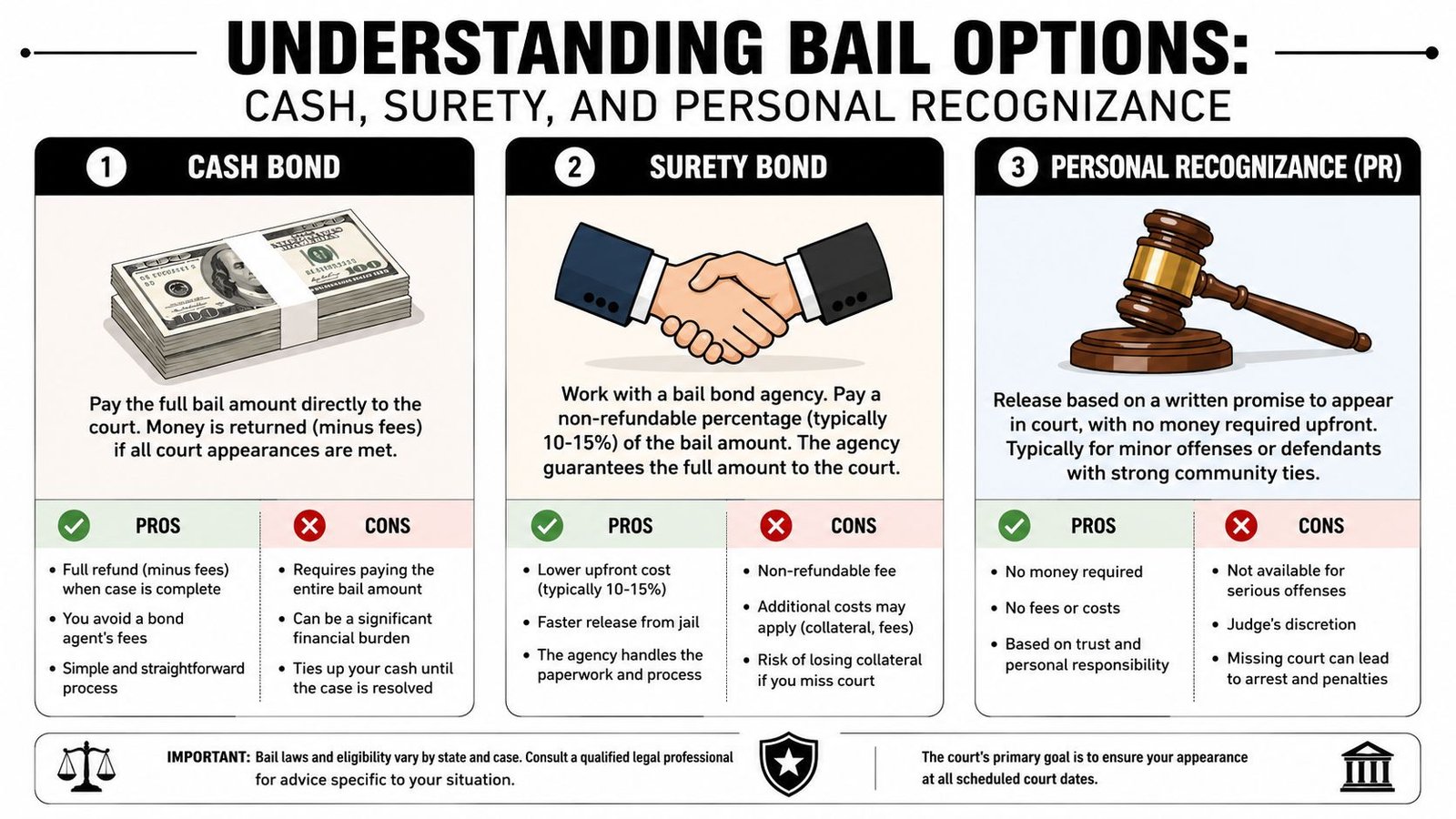 An infographic explaining bail options including cash bond, surety bond, and personal recognizance with pros and cons.
