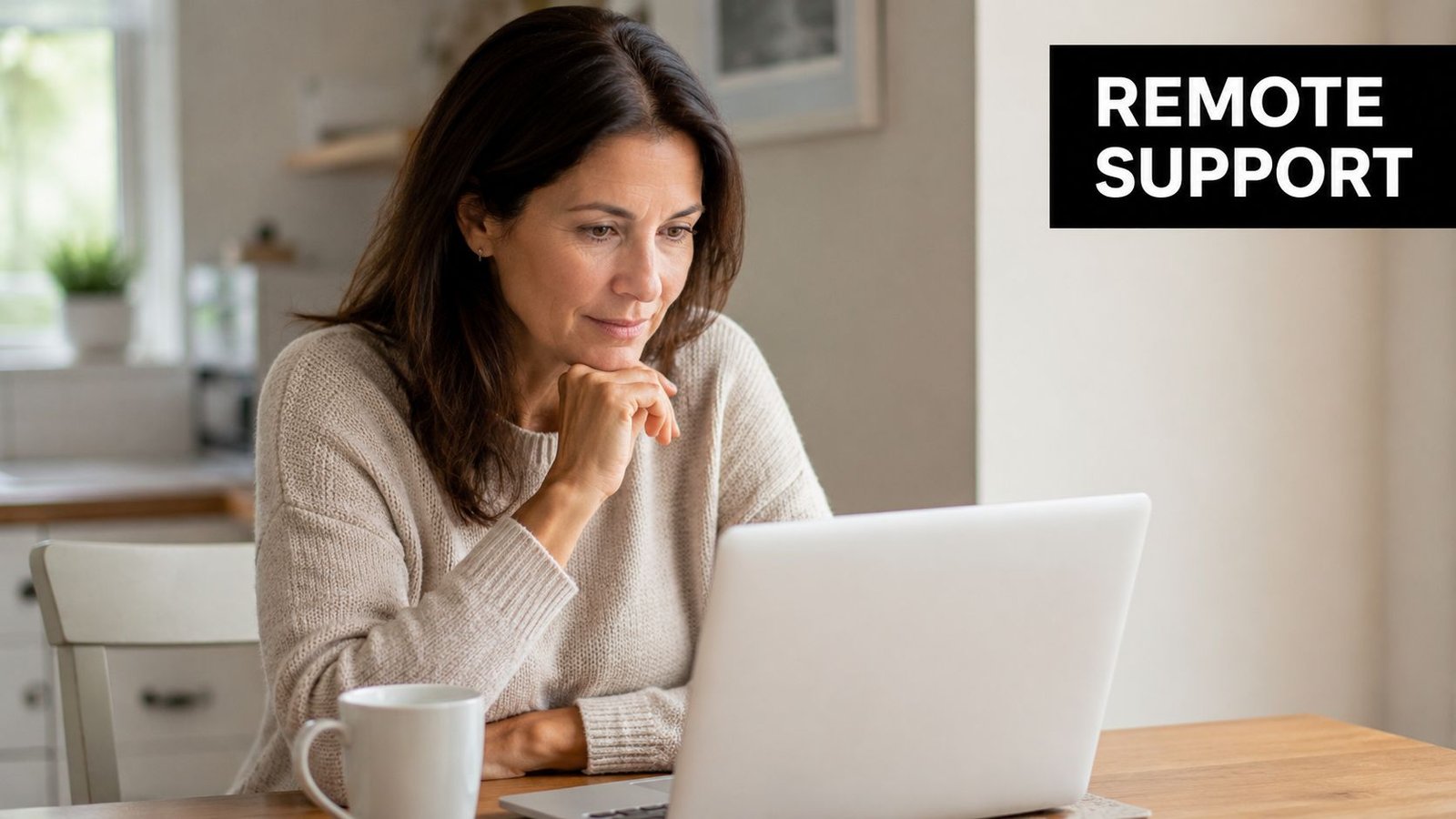 A middle-aged woman sits at a table and looks at her laptop screen for remote support.