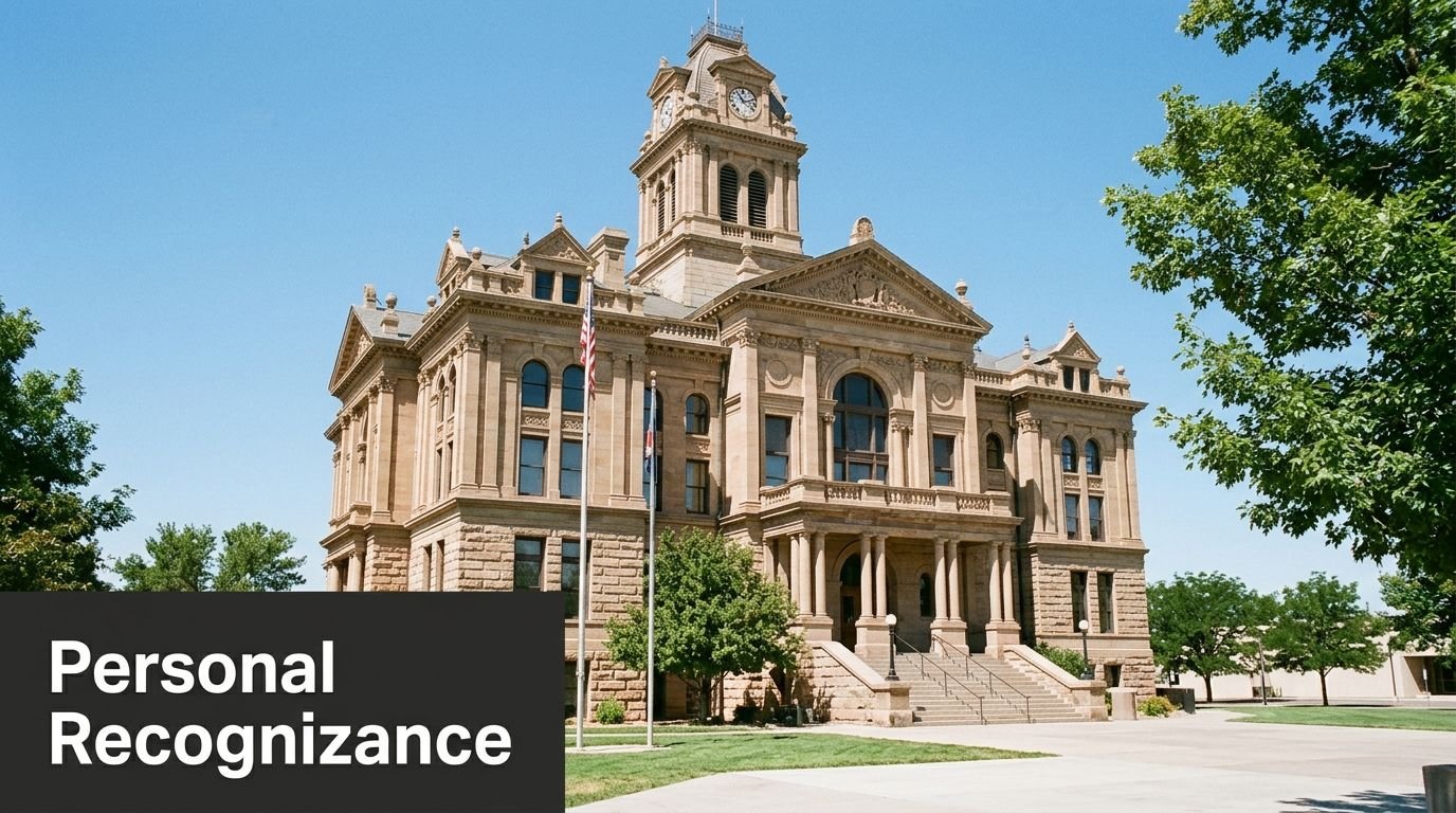 A historic stone courthouse building stands under a clear blue sky with flags flying in front.