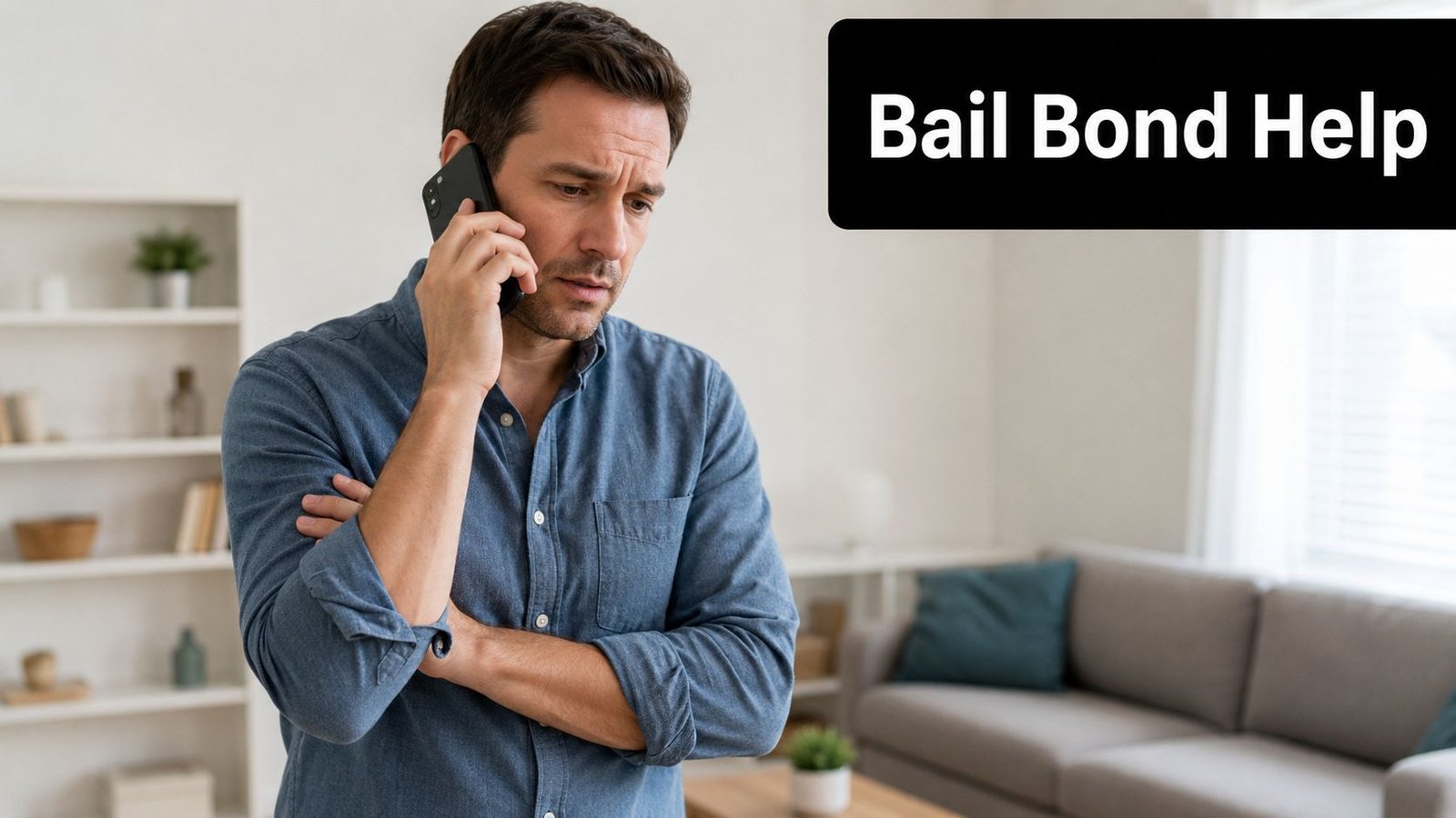 A concerned man in a blue shirt talking on his smartphone in a bright living room.