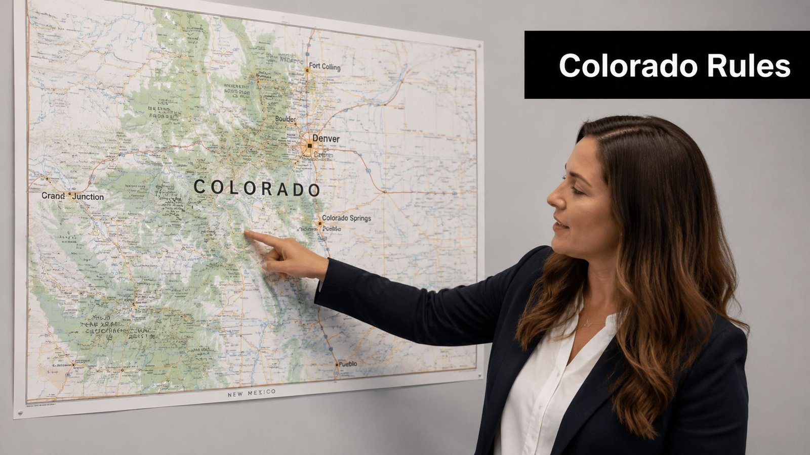A professional woman in a suit pointing at a map of Colorado displayed on a wall.