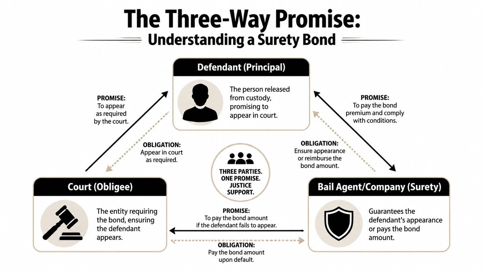 A diagram explaining the three-way relationship between a defendant, the court, and a bail agent regarding surety bonds.