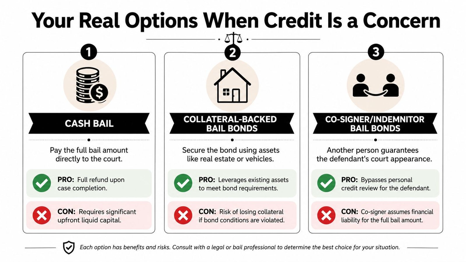A visual guide outlining three bail options: cash, collateral-backed, and co-signer bonds for those with poor credit.