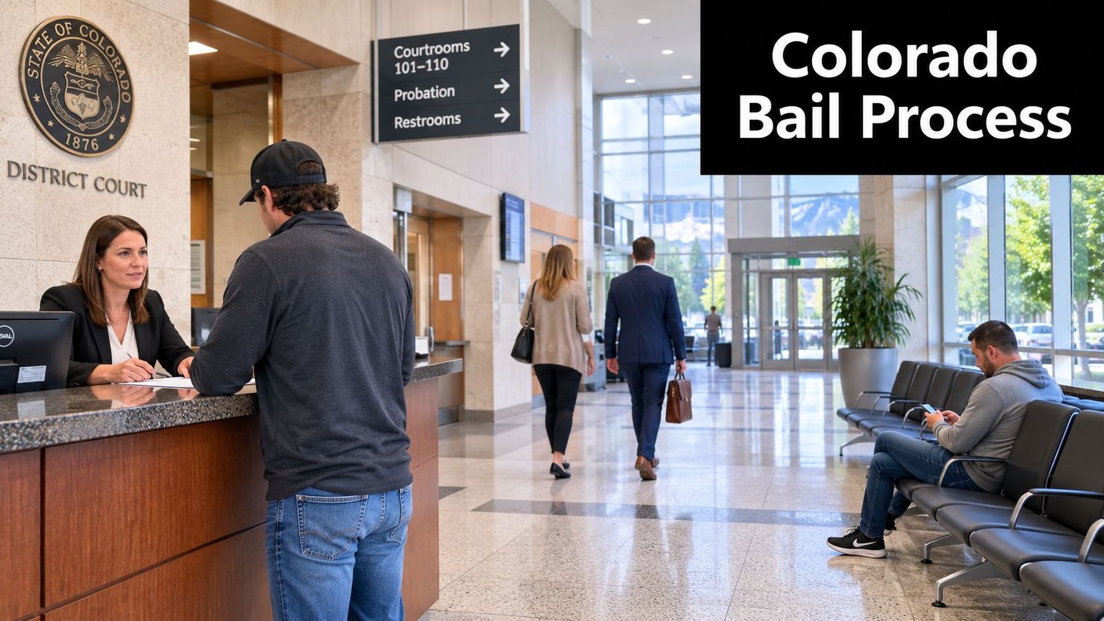 A woman helping a man at a court reception desk in a bright courthouse lobby.