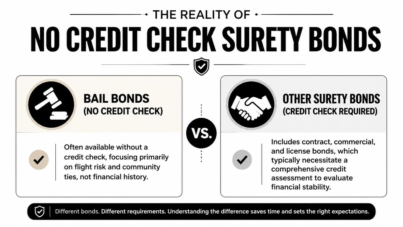 An infographic comparing bail bonds, which require no credit check, against other surety bonds requiring credit checks.