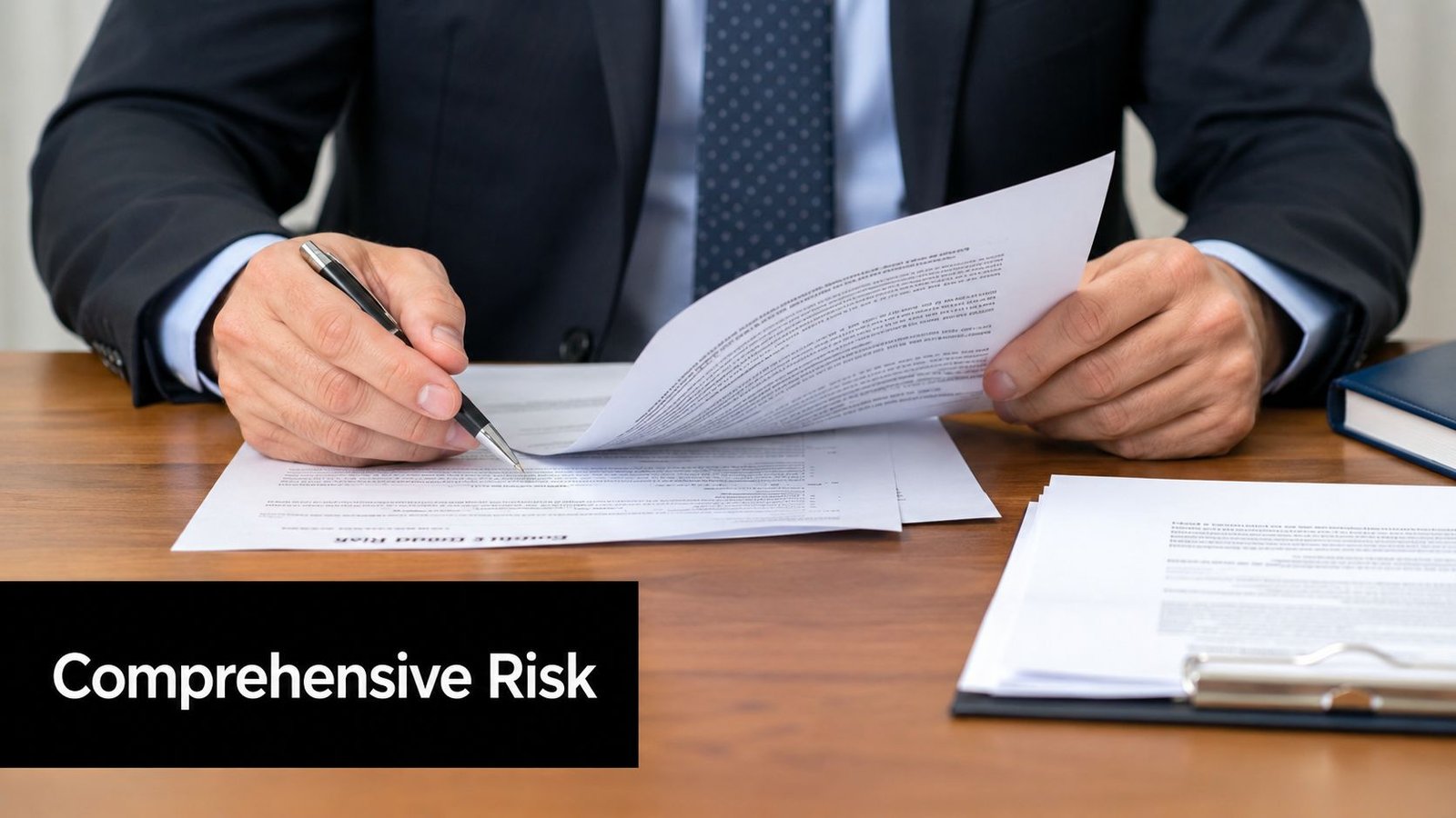A professional man in a suit reviewing documents on a desk with a focus on risk management.