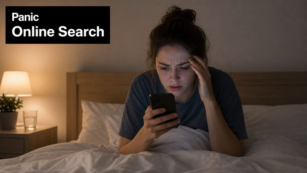 A distressed young woman lying in bed at night searching for alarming information on her smartphone.