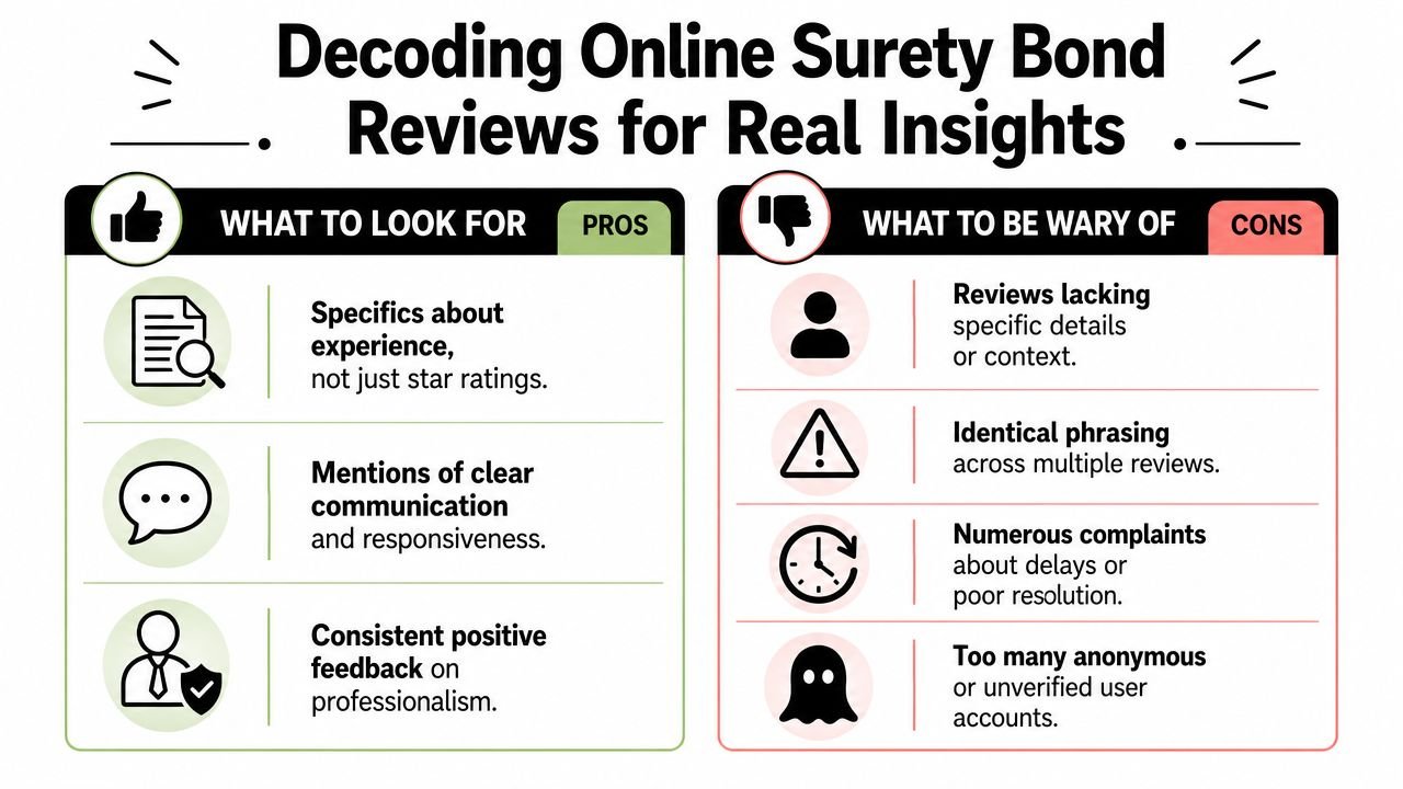 An infographic detailing how to evaluate online surety bond reviews by identifying pros and potential cons.