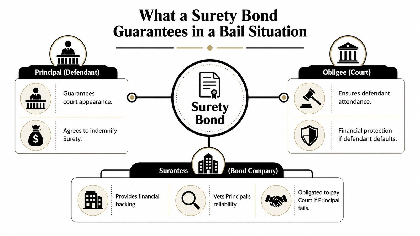 An infographic titled What a Surety Bond Guarantees in a Bail Situation showing roles of principal, obligee, and surety.