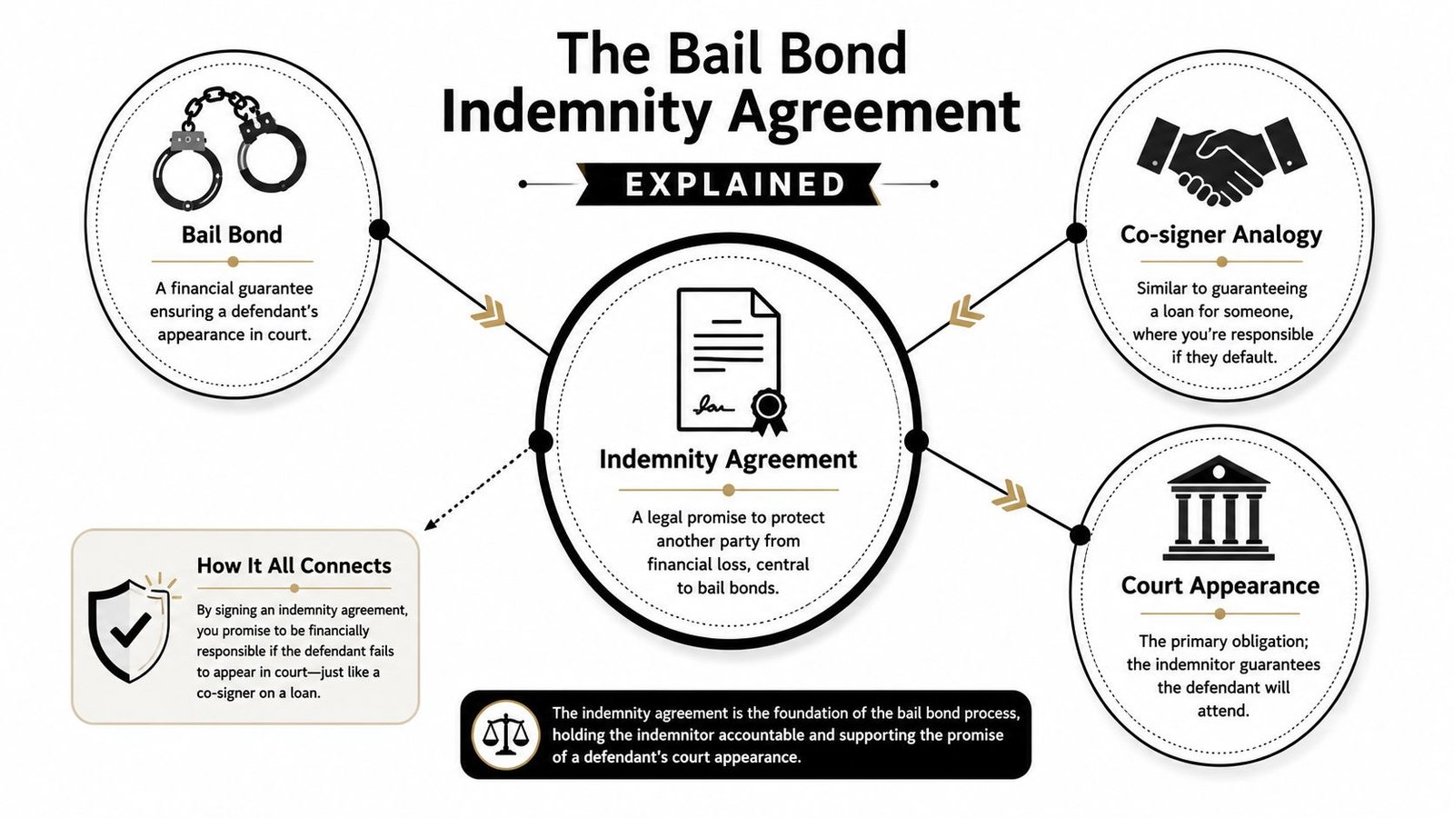 An infographic explaining the bail bond indemnity agreement, covering definitions, legal responsibilities, and court appearance requirements.