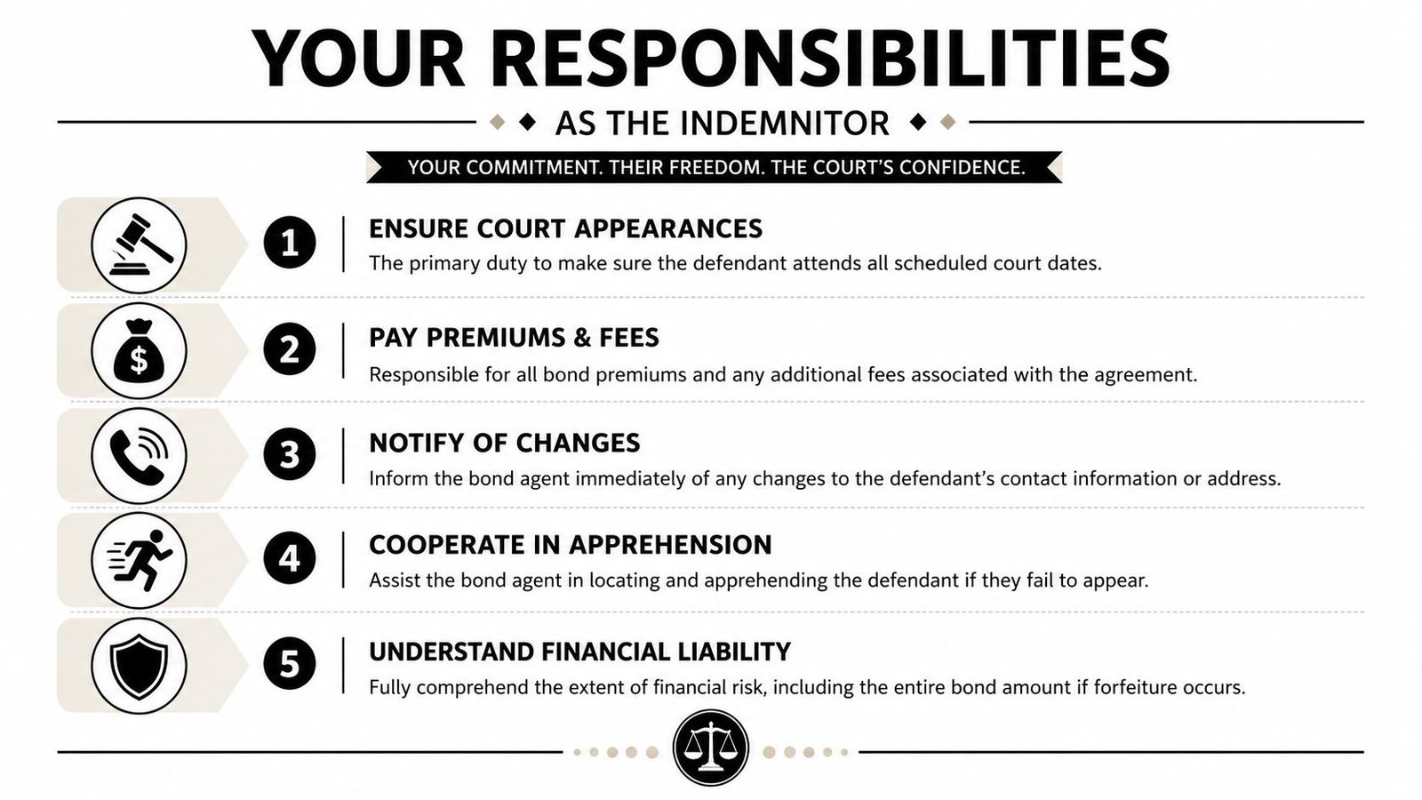 An infographic outlining the five core responsibilities of an indemnitor in a bail bond agreement.