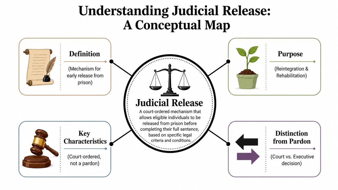 A conceptual map illustrating the definition, purpose, characteristics, and distinction of judicial release from a pardon.