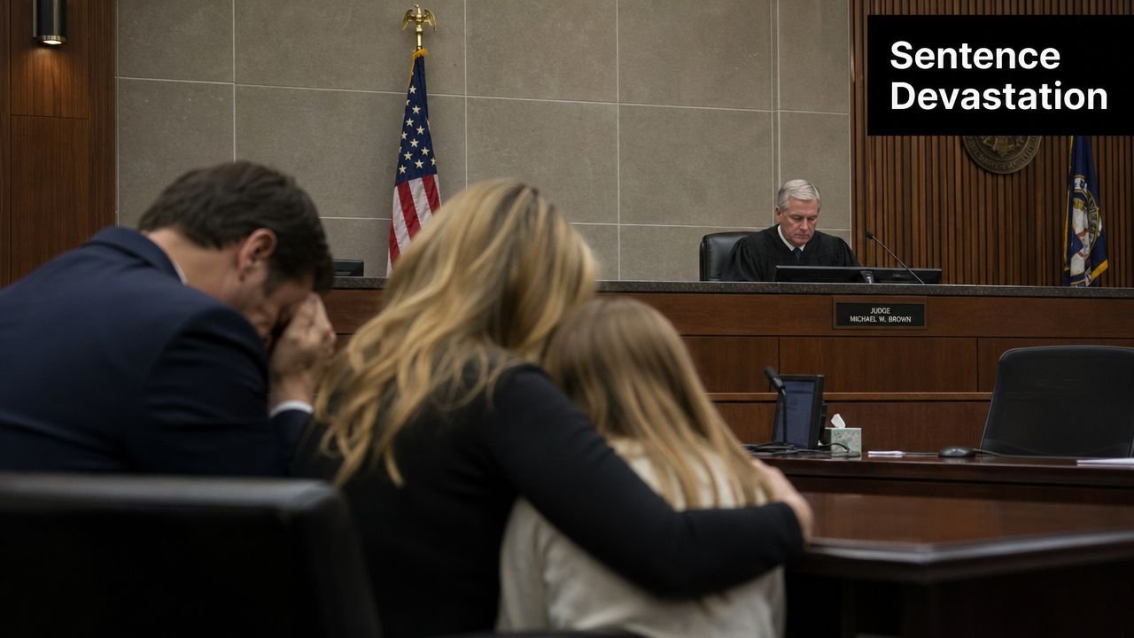 A family sits in a courtroom, overwhelmed with emotion during a serious judicial sentencing hearing.