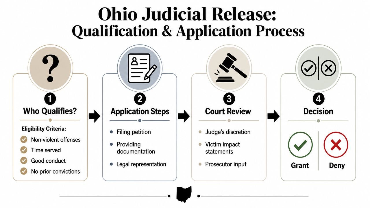 A four-step infographic detailing the qualification and application process for Ohio judicial release, including eligibility criteria.