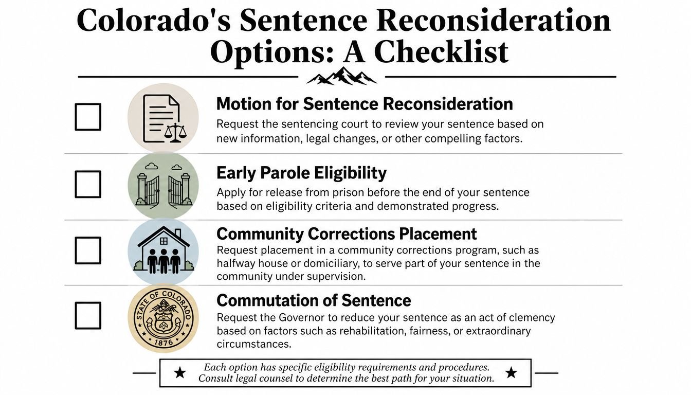 A checklist infographic outlining Colorado's sentence reconsideration options including motions, parole, community corrections, and commutation.