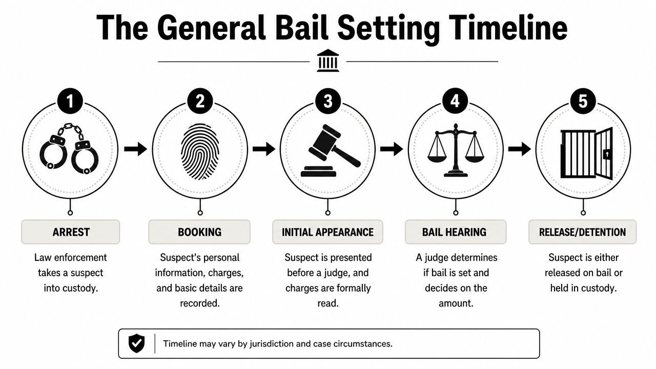 A five-step flowchart titled The General Bail Setting Timeline illustrating the legal process from arrest to release.