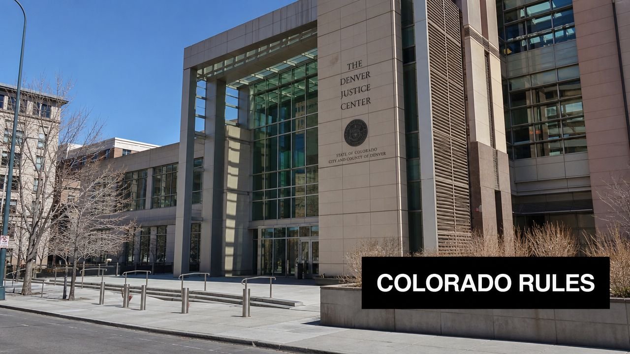 The Denver Justice Center building entrance with glass walls and the Colorado state seal on display.