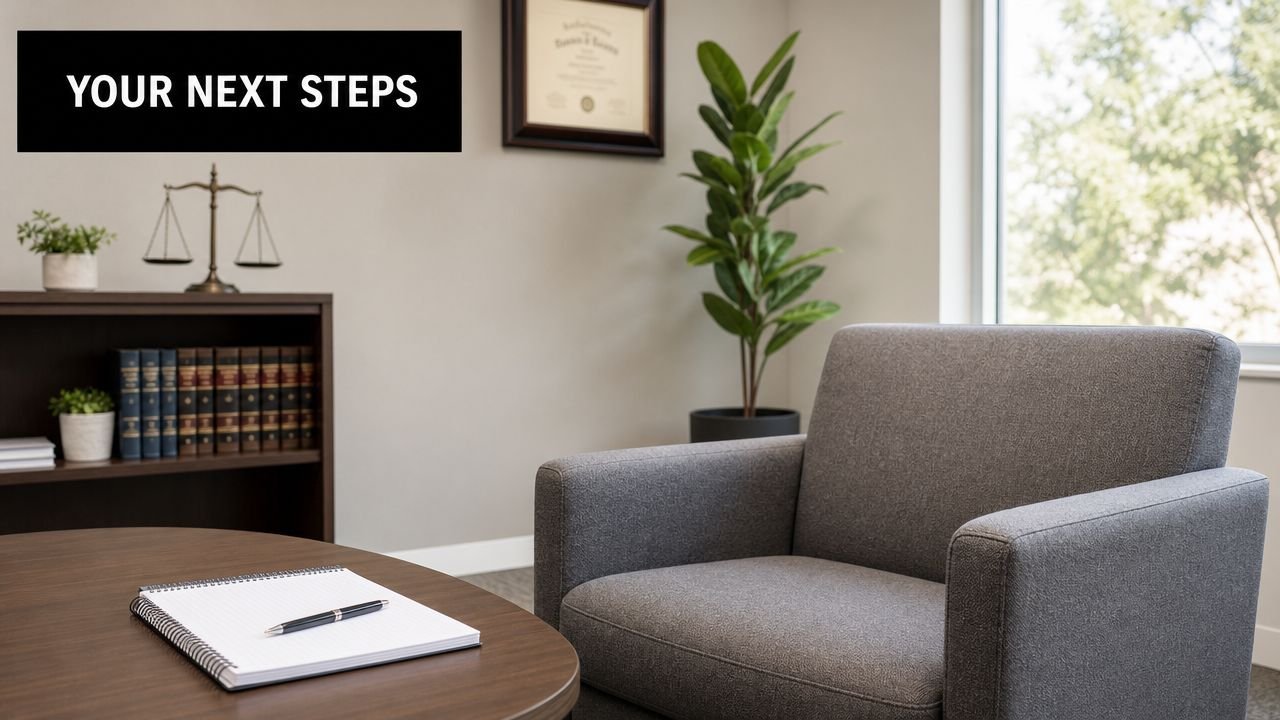 A professional office setting with a gray armchair, a notebook on a table, and legal decor items.