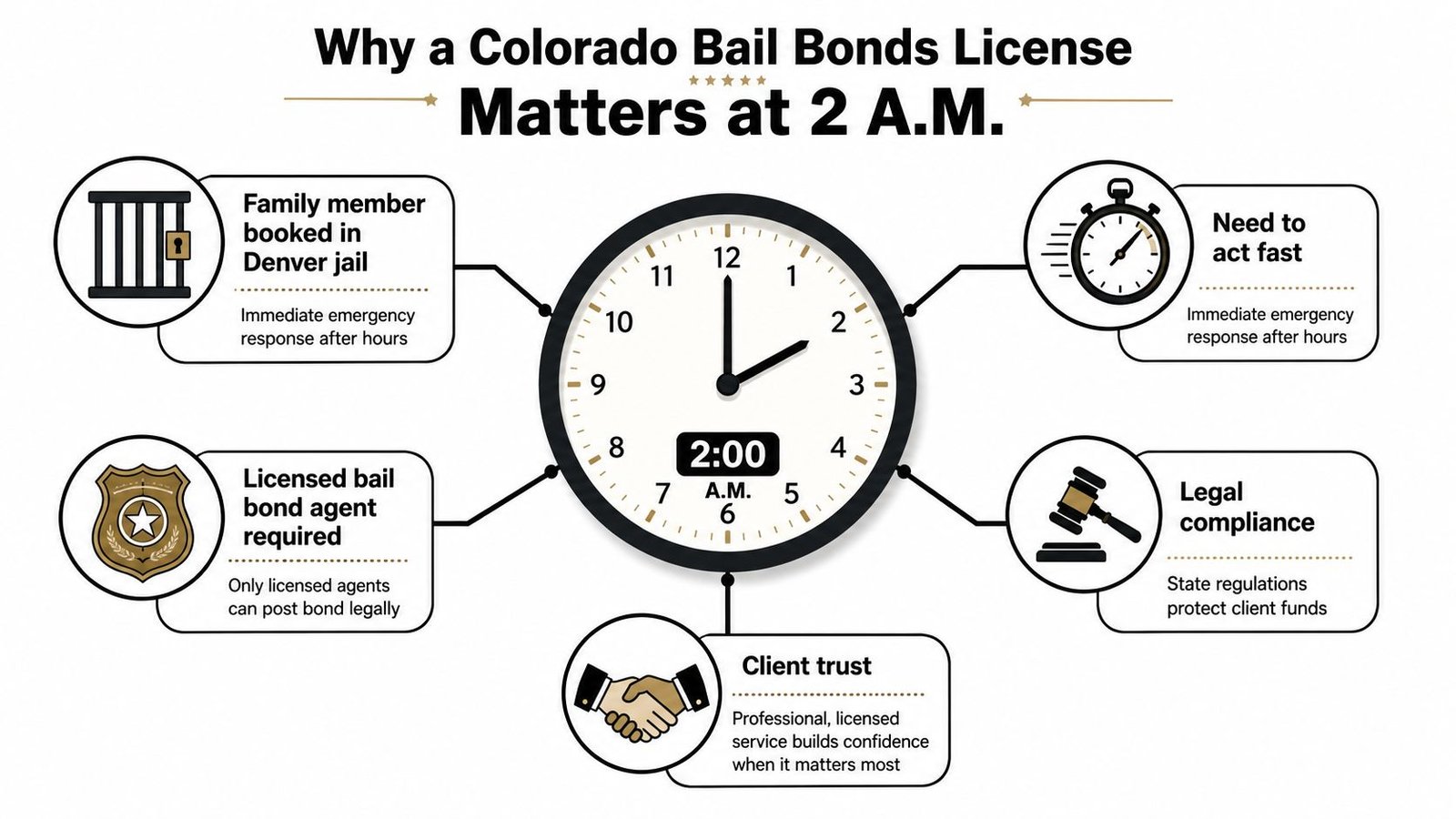 An infographic highlighting the importance of a licensed bail bond agent in Colorado at 2 A.M.