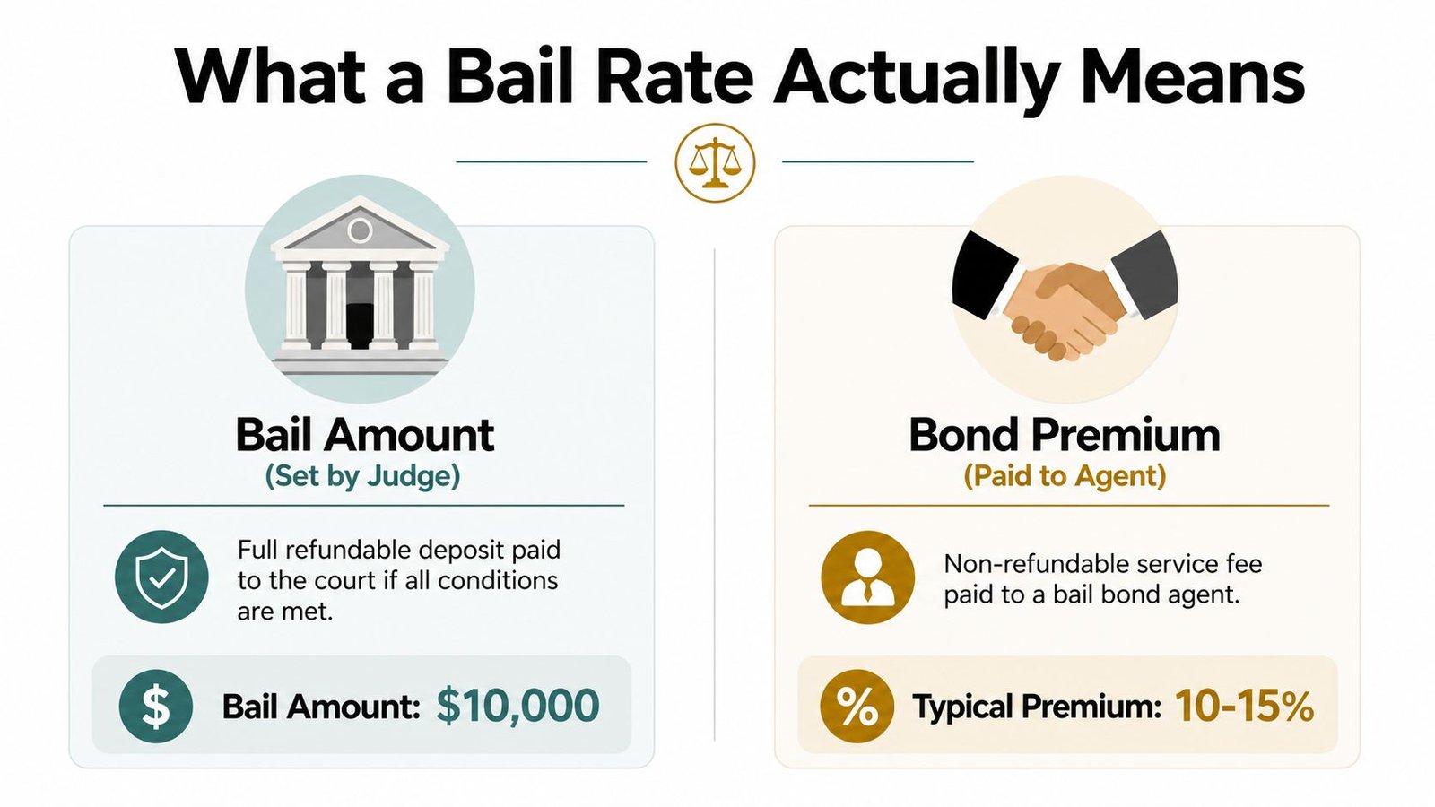 An infographic explaining the difference between the refundable bail amount set by a judge and the non-refundable bond premium.