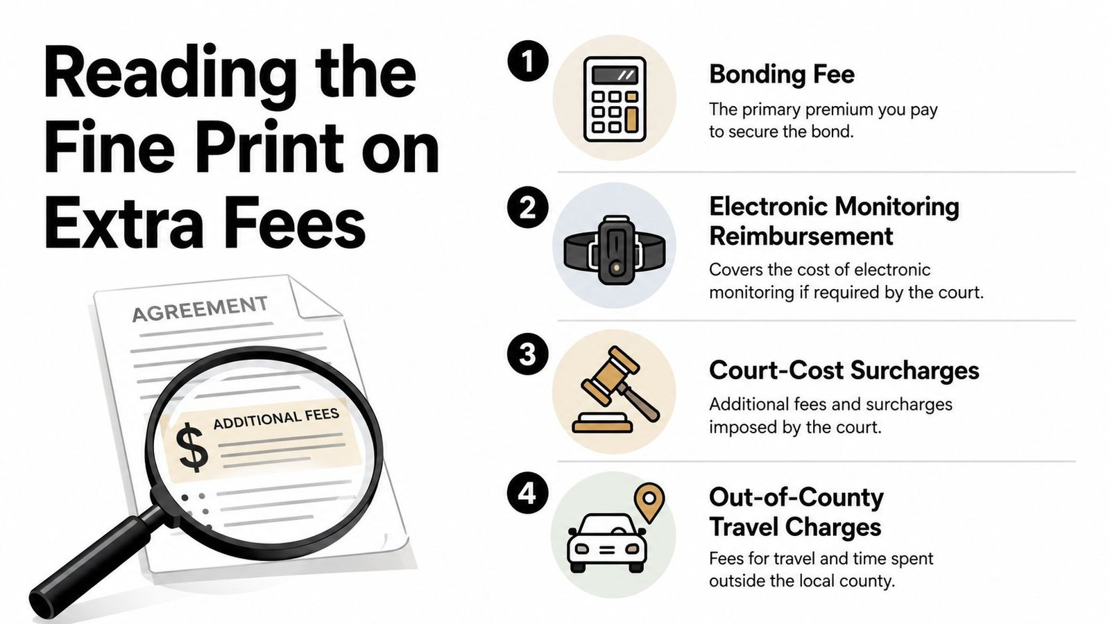 An infographic titled Reading the Fine Print on Extra Fees listing common bail bond service charges.