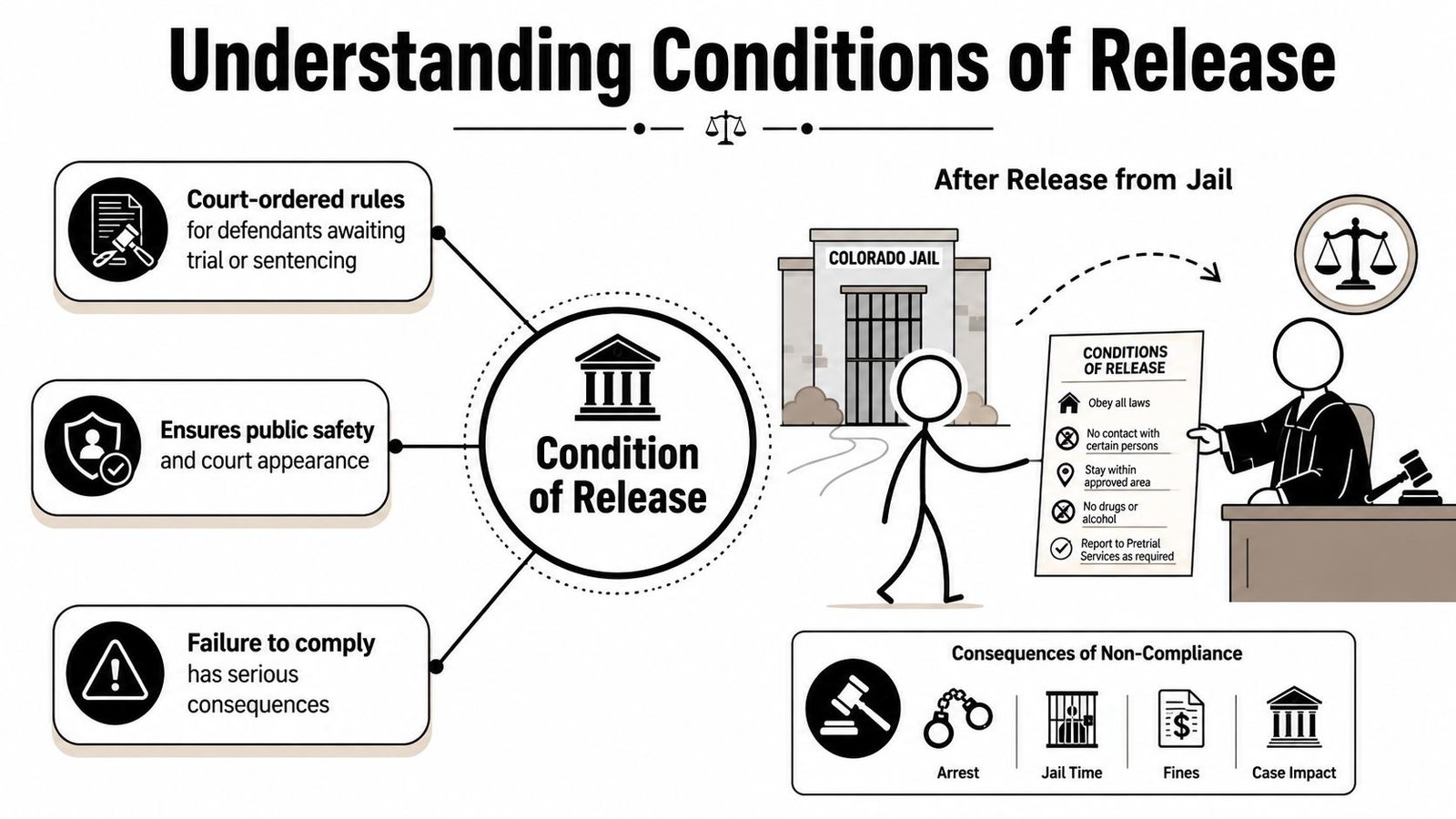 An infographic explaining legal conditions of release from jail for defendants awaiting trial or sentencing in Colorado.