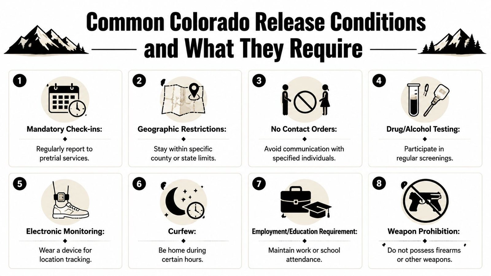 An infographic detailing eight common conditions for release from jail in Colorado, including monitoring and restrictions.