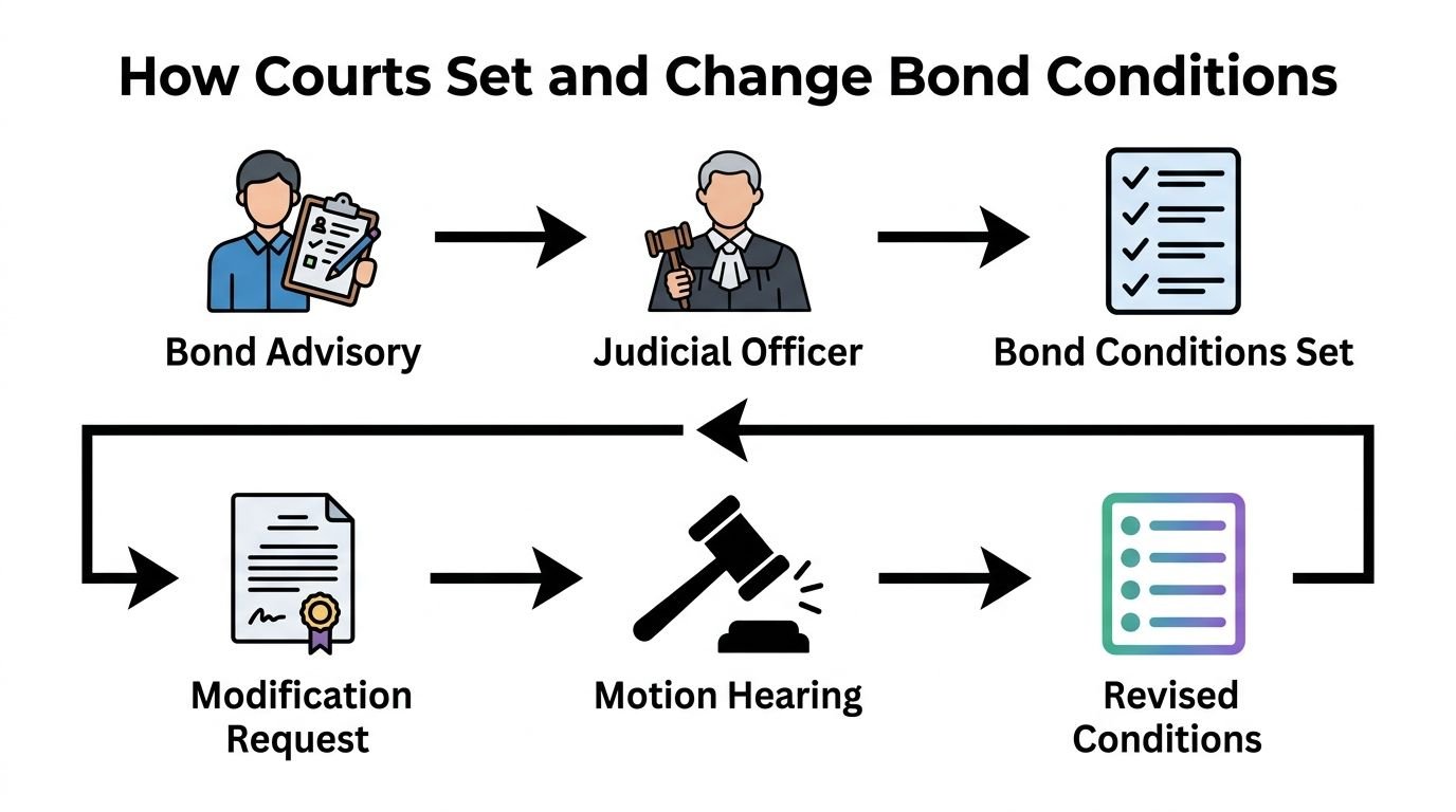 A flowchart showing how courts set and change bond conditions through a legal process.