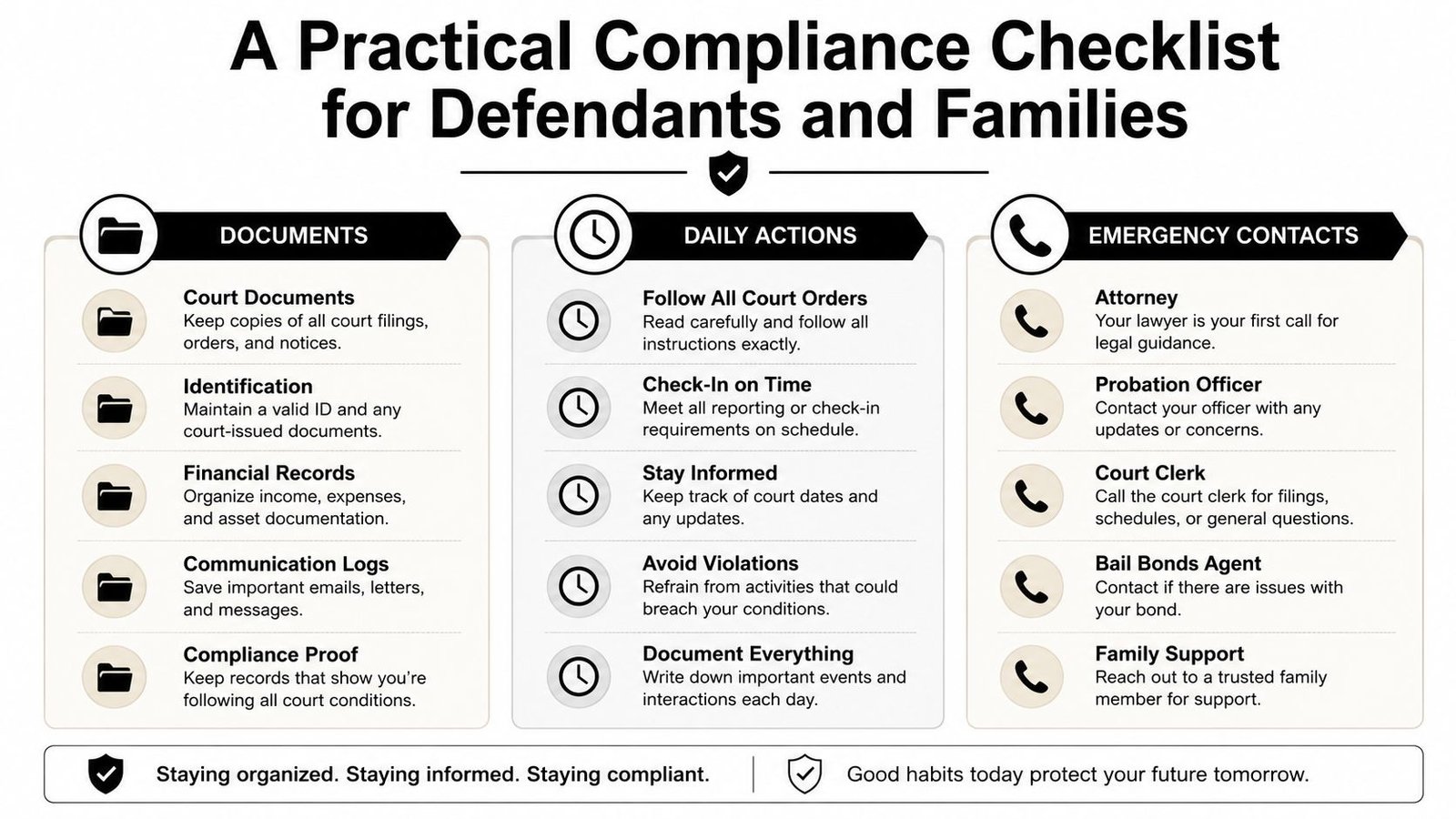 An infographic titled a practical compliance checklist for defendants and families, listing essential documents, daily actions, and contacts.