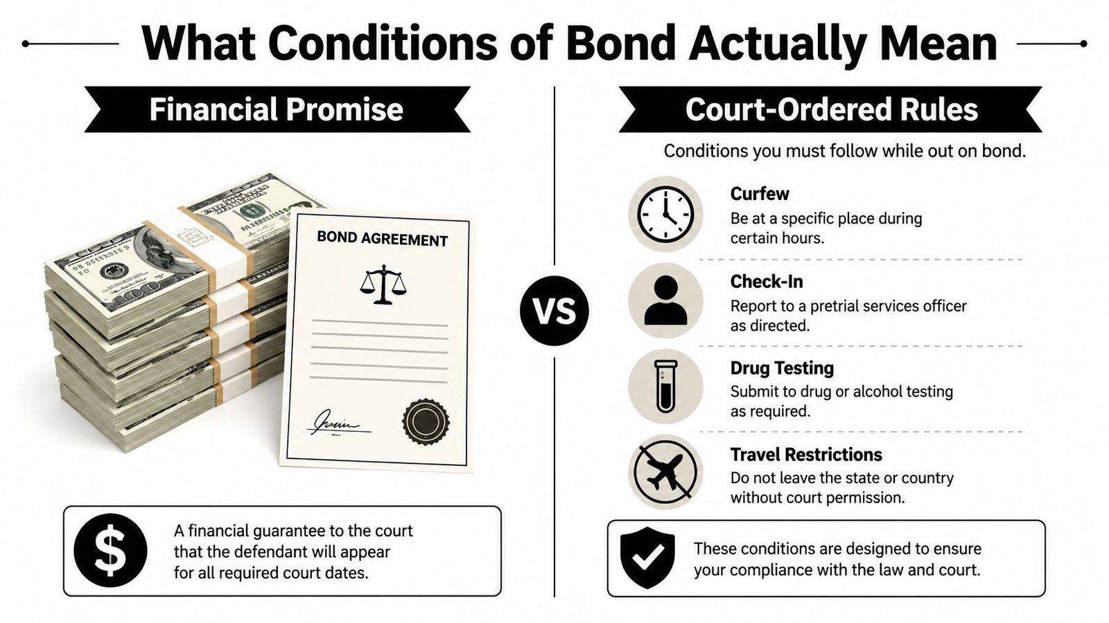 An infographic explaining the differences between the financial promise and court-ordered rules of a bond agreement.