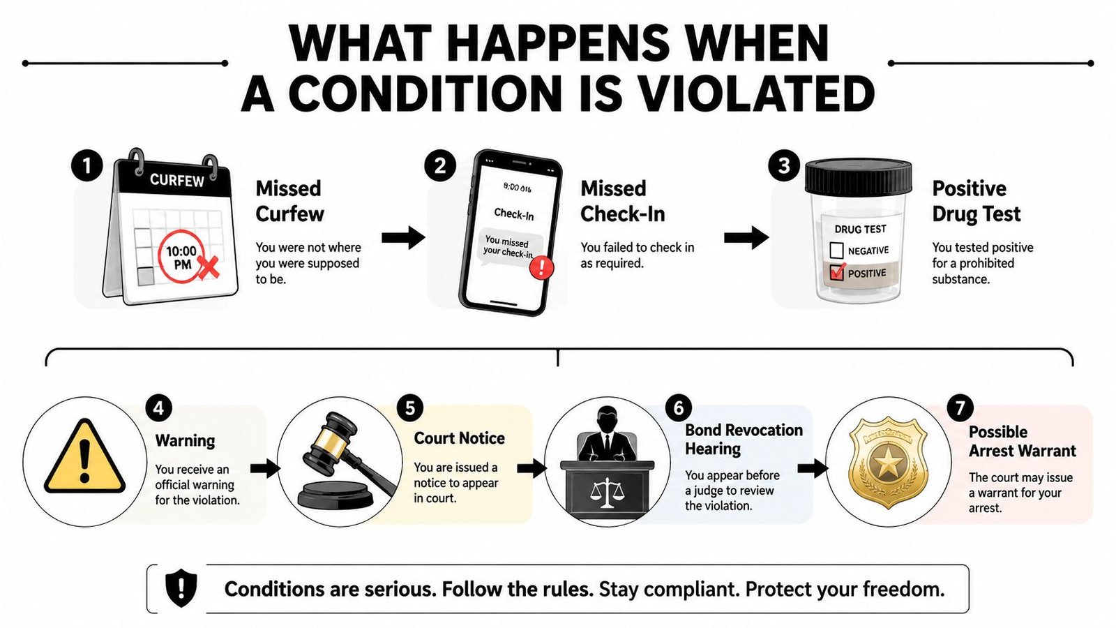 An infographic detailing the seven-step process of what happens when a person violates their bond conditions.